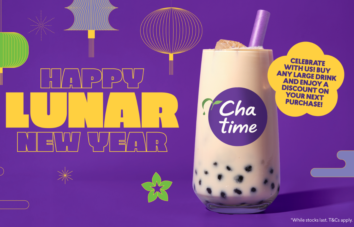 Purchase any large drink to receive a Lucky Chatime Purple Packet.